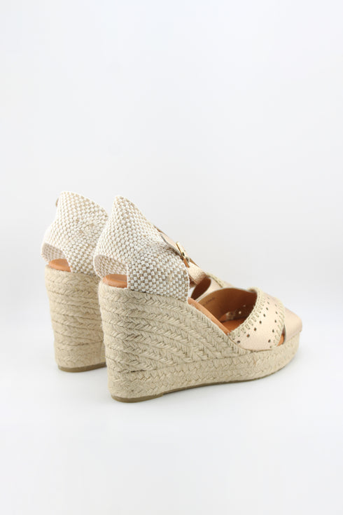Jutelia Peep-Toe Espadrille Wedge with Decorative Perforated Toe and Ankle Strap
